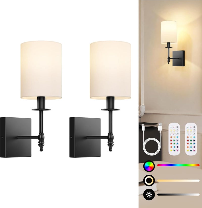 Bosceos 14.5 Inch Black Battery Operated Wall Sconces Set of 2, Rechargeable Wireless Wall Lights with Remote & White Fabric Shade, Indoor Not Hardwired Dimmable Wall Lamps for Bedroom, 2 Bulbs Included - Image 1